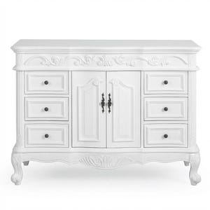 May include: A white wooden cabinet featuring six drawers with small dark knobs and two central doors with ornate metal handles. The piece includes carved decorative molding along the top and bottom edges, supported by four curved cabriole legs.