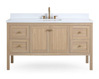 60 Inch Modern Light Oak Sera Single Sink Bathroom Vanity With White Quartz Top