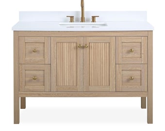 Mueble de baño moderno Sera de 48 pulgadas, color roble claro, con lavabo individual y encimera de cuarzo blanco.