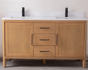 60 Inch Barque Double Sink Warm Oak Brown Finish Bathroom Vanity With White Top