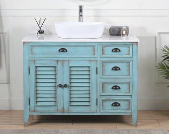 42 Inch Abbeville Farmhouse Style Distressed Blue Vessel Sink Bathroom Vanity