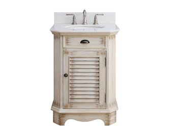 24 Inch Farmhouse Style Distressed Beige Bathroom Vanity With Marble Top