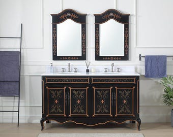 60 inch Black Hand-Painted Floral Decoroso Side Cabinet Bathroom Vanity