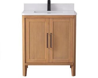 Barque Single Sink Warm Oak Brown Finish Bathroom Vanity With White Top