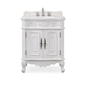 May include: White vanity cabinet with ornate details, featuring a white marble countertop and a double sink with chrome faucets.