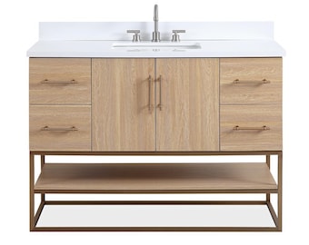 48 Inch Light Oak Lima Single Sink Bathroom Vanity With Open Shelf & Gold Leg Base