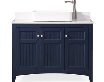 42 Inch Navy Blue Triadsville Cottage-Style Vessel Sink Bathroom Vanity With White Quartz Top
