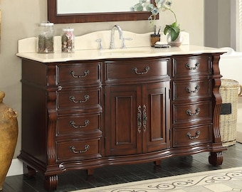 60 inch Antique Style Cherry Wood Hopkinton Bathroom Sink Vanity Creama Mafil Stone Top