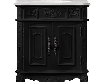 30 Inch Traditional Classic Style Black Bathroom Sink Vanity With White Marble Top