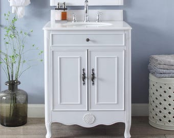 26 Inch Daleville Distressed White Cottage Style Small Bathroom Sink Vanity