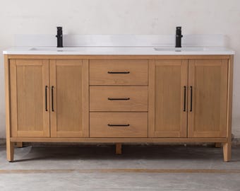 72 Inch Barque Double Sink Warm Oak Brown Finish Bathroom Vanity With White Top