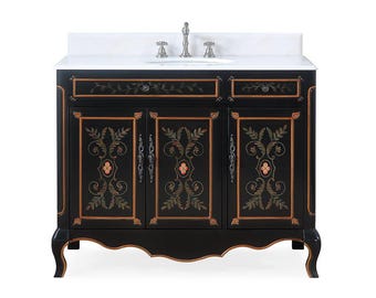 42 inch Black Hand-Painted Floral Decoroso Side Cabinet Bathroom Vanity