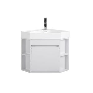 May include: White corner bathroom vanity with a single sink and a chrome faucet. The vanity has a cabinet door and open shelves.