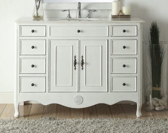 46 Inch Distressed Antique White Cottage Style Fayetteville Bathroom Sink Vanity