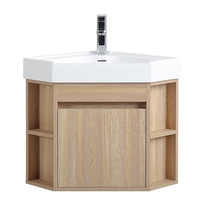 May include: A corner bathroom vanity with a white, hexagonal sink basin and a chrome faucet. The cabinet is made of light-colored wood with a central door and open shelving on either side.