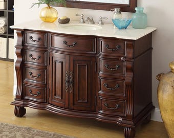 50 inch Antique Style Cherry Wood Hopkinton Bathroom Sink Vanity with Cream Marble Top