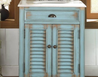 Abbeville Farmhouse Style Distressed Blue Bathroom Vanity With Marble Top