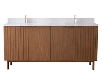 72 Inch Double Sink Fume Mango Warm Oak Brown Finish Bathroom Vanity With White Top
