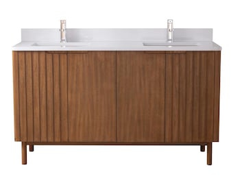 60 Inch Double Sink Fume Mango Warm Oak Brown Finish Bathroom Vanity With White Top