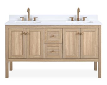 60 Inch Modern Light Oak Sera Double Sink Bathroom Vanity With White Quartz Top
