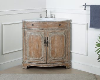 24 Inch Freestanding Distressed Brown Corner Bathroom Sink Vanity