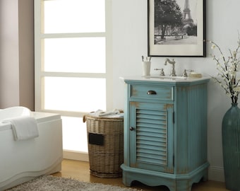 24 Inch Farmhouse Style Distressed Blue Bathroom Vanity With Marble Top
