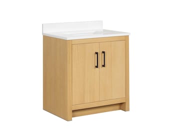 Light Oak Sandi Single Sink Bathroom Vanity Toe Kick Style With White Quartz Top