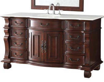 60 inch Antique Style Cherry Wood Hopkinton Bathroom Sink Vanity White Marble Top