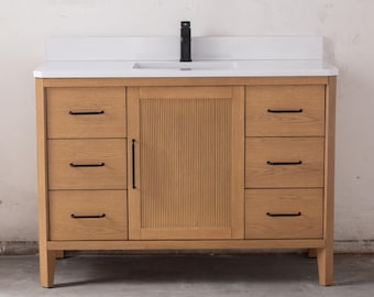 48 Inch Barque Single Sink Warm Oak Brown Finish Bathroom Vanity With White Top