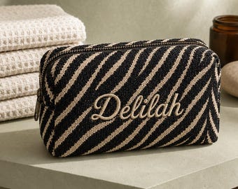 Embroidered Zebra Print Cosmetic Bag,Custom Toiletry Pouch with Name,Personalized Makeup Bag,Monogram Toiletry Bag,Wedding Party Favors