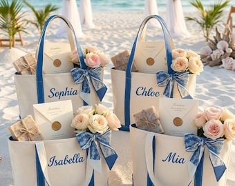 Custom Embroidered Tote Bag for Bridesmaids, Wedding Beach Handbag with Ribbon, Personalized Canvas Gift for Her, Bachelorette Favor