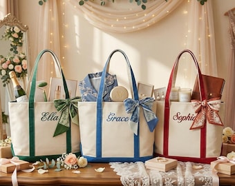 Personalized Canvas Tote Bag, Custom Embroidered Zipped Canvas Tote Bag with Ribbons, School Bag with Name, Bridal Shower Gifts