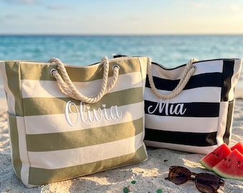 Custom Name Striped Canvas Beach Bag, Personalized Embroidered Trip Tote for Women, Summer Vacation and Pool Bag, Bridesmaid Gift Bag