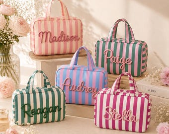 Personalized Hanging Travel Makeup Bag, Custom Expandable Foldable Toiletry Bag with Name, Letter Cosmetic Organizer, Bridal Shower Gift