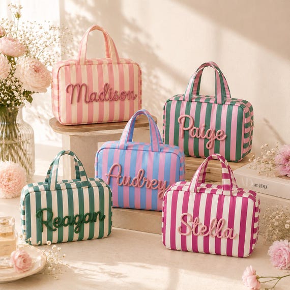 Personalized Hanging Travel Makeup Bag, Custom Expandable Foldable Toiletry Bag with Name, Letter Cosmetic Organizer, Bridal Shower Gift