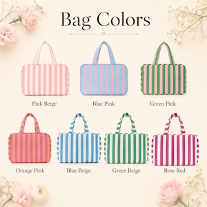 May include: Seven rectangular zippered bags with two top handles, each featuring vertical stripes in various color combinations including pink beige, blue pink, green pink, orange pink, blue beige, green beige, and rose red, labeled by color.