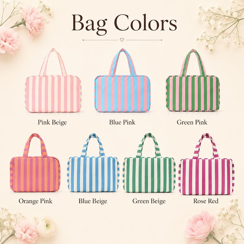 May include: Seven rectangular zippered bags with two top handles, each featuring vertical stripes in various color combinations including pink beige, blue pink, green pink, orange pink, blue beige, green beige, and rose red, labeled by color.