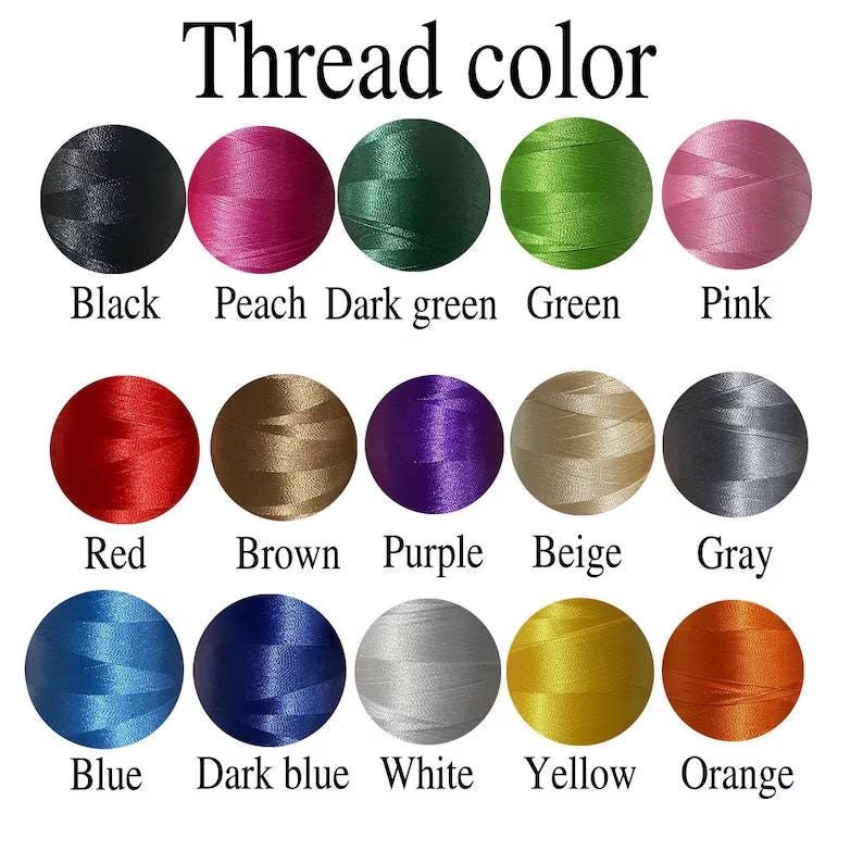 May include: A colour chart displaying thread spools in various shades. The chart includes colours like black, peach, dark green, green, pink, red, brown, purple, beige, grey, blue, dark blue, white, yellow, and orange.
