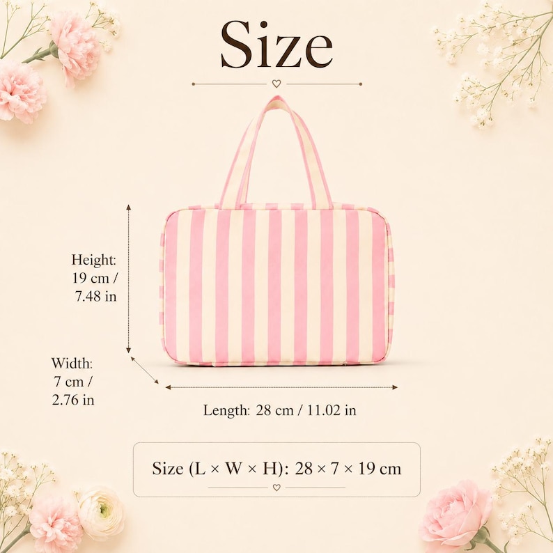 May include: A rectangular pink and white striped bag with two top handles. The bag is labeled with dimensions: height 7.48 inches, width 2.76 inches, and length 11.02 inches. The text 'Size' and 'Size (L x W x H): 28 x 7 x 19 cm' are clearly visible.