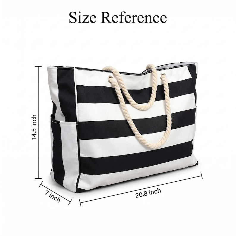 May include: A black and white striped tote bag with thick cream-colored rope handles and side pockets. The bag features dimensions of 14.5 inches in height, 20.8 inches in width, and 7 inches in depth as indicated by the size reference text.