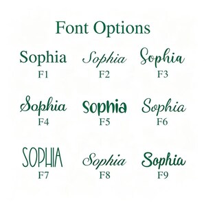 May include: A chart titled Font Options displaying nine different dark green typography styles for the name Sophia, labeled F1 through F9. Each entry shows the name in a distinct script, serif, or sans-serif typeface to demonstrate various lettering choices.