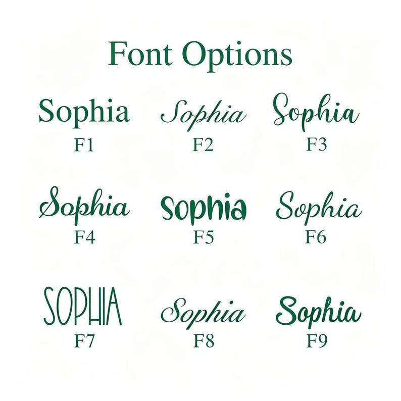 May include: A chart titled Font Options displaying nine different dark green typography styles for the name Sophia, labeled F1 through F9. Each entry shows the name in a distinct script, serif, or sans-serif typeface to demonstrate various lettering choices.