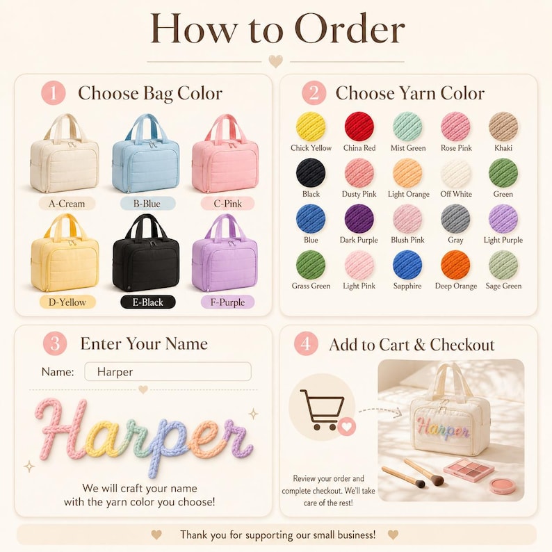 Puede incluir: Un gr&aacute;fico instructivo titulado How to Order que muestra seis colores de bolsos en crema, azul, rosa, amarillo, negro y morado. Muestra veinte opciones de colores de hilo, un campo de nombre con Harper y un bolso terminado con el nombre Harper.