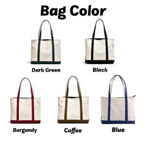 May include: Canvas tote bags in dark green, black, burgundy, coffee, and blue. Each bag has a white body, coloured handles, and a matching base. The text "Bag Color" is at the top. Ideal for carrying items.