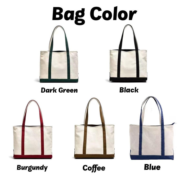 May include: Canvas tote bags in dark green, black, burgundy, coffee, and blue. Each bag has a white body, coloured handles, and a matching base. The text "Bag Color" is at the top. Ideal for carrying items.