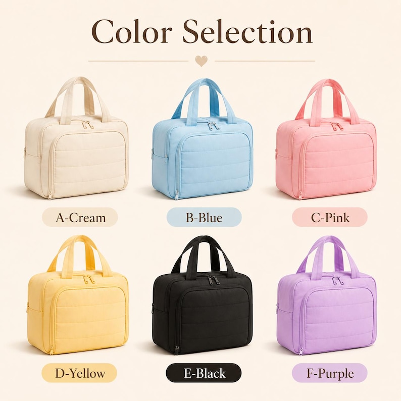 Puede incluir: Seis bolsas de viaje rectangulares acolchadas con asas superiores y cierres de cremallera, dispuestas en cuadr&iacute;cula. Los colores est&aacute;n etiquetados como A-Cream, B-Blue, C-Pink, D-Yellow, E-Black y F-Purple. Cada bolsa tiene un bolsillo frontal.