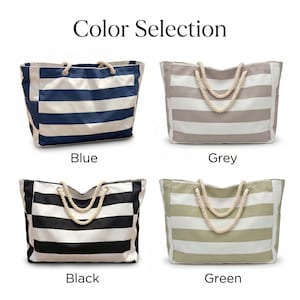 May include: Four rectangular tote bags with horizontal stripes and rope handles, labeled Color Selection. The bags are available in blue, grey, black, and green colorways, each featuring white stripes and thick, cream-colored twisted rope handles.