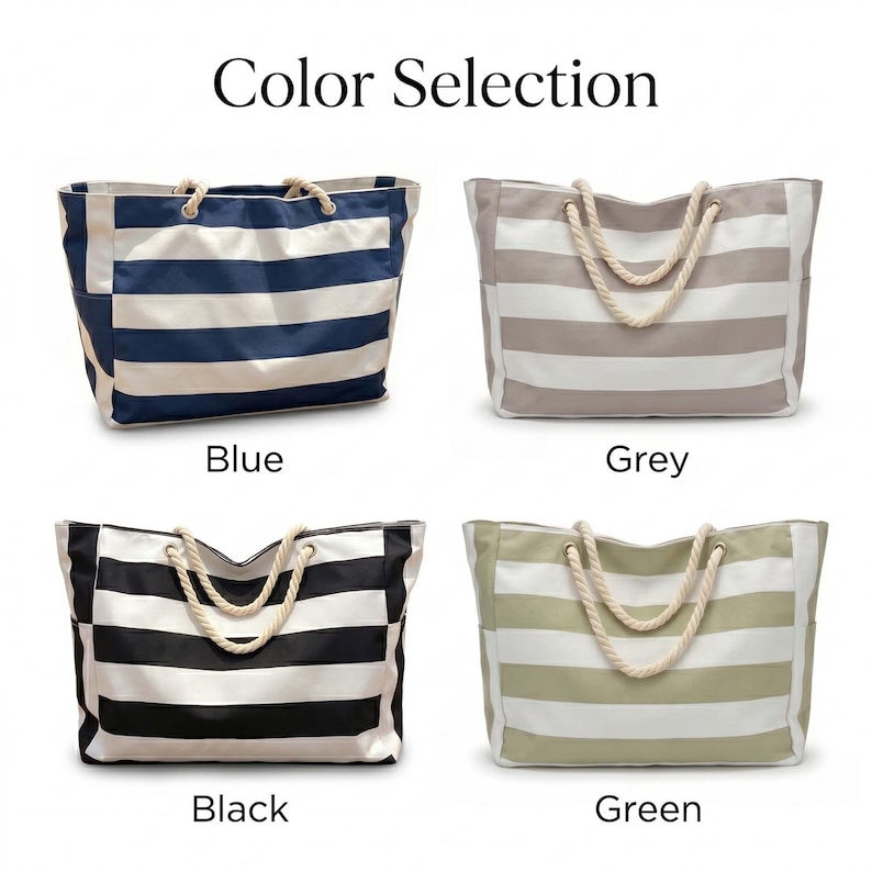 May include: Four rectangular tote bags with horizontal stripes and rope handles, labeled Color Selection. The bags are available in blue, grey, black, and green colorways, each featuring white stripes and thick, cream-colored twisted rope handles.