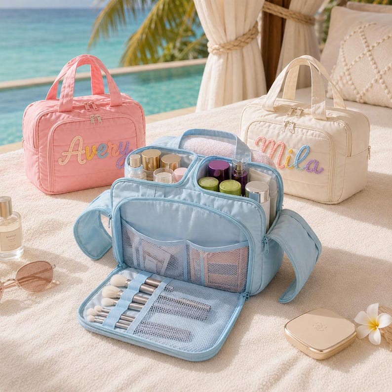 Puede incluir: Tres neceseres rectangulares en rosa, azul claro y crema. El bolso rosa lleva el nombre Avery y el crema el nombre Mila en bordado colorido. El neceser azul claro abierto muestra bolsillos de malla internos y ranuras para brochas.