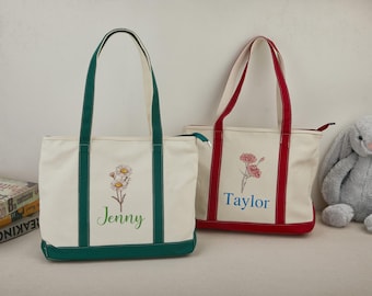 Sac fourre-tout en toile personnalisé fleur mois de naissance, cadeaux de demoiselle d'honneur EVJF, cadeaux d'anniversaire pour maman, cadeau d'anniversaire pour elle, cadeau de mariage